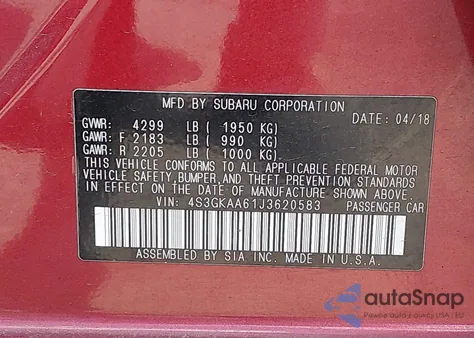 2018 Subaru Impreza 2.0I from USA, damaged, VIN 4S3GKAA61J3620583